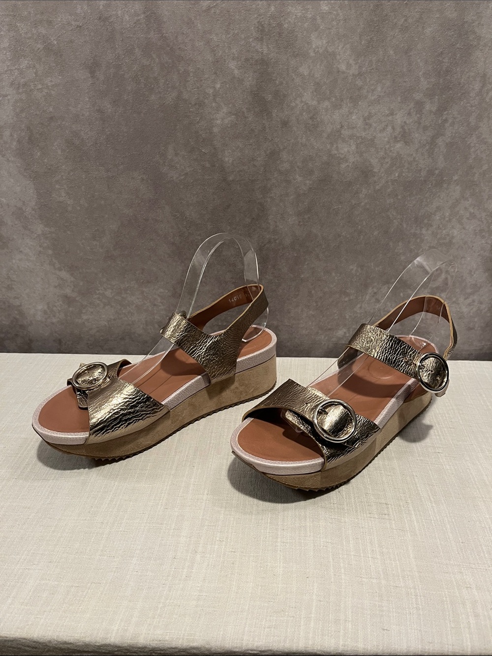 Homers Artisan Metallic Pewter Wedge Sandals with Decorative Buckle sz 40 / US 9